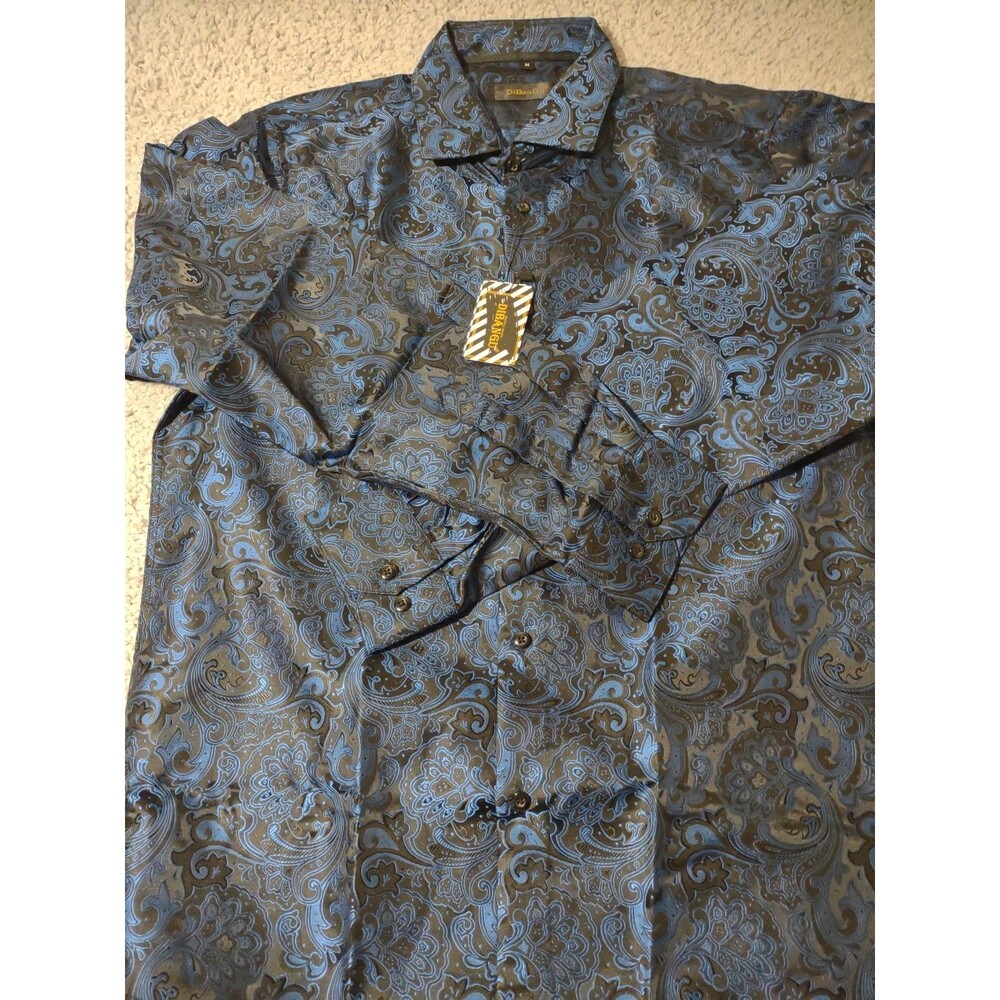 DiBanGu Men Long Sleeve Shirt Blue Paisley Button Down Silk Mix Shirt Sz M